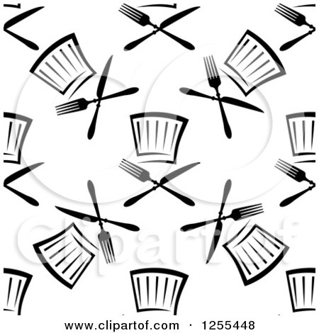 Clipart of a Seamless Black and White Pattern of Chef Hats and Cutlery - Royalty Free Vector Illustration by Vector Tradition SM