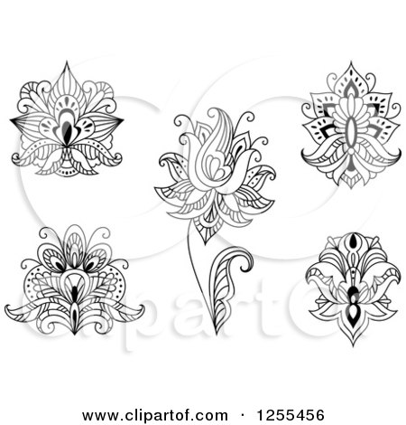 Clipart of Black and White Henna Flowers - Royalty Free Vector Illustration by Vector Tradition SM