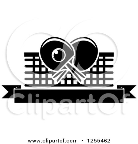 Clipart of a Black and White Ping Pong Ball and Crossed Paddles with a Net and Table Tennis Blank Banner - Royalty Free Vector Illustration by Vector Tradition SM