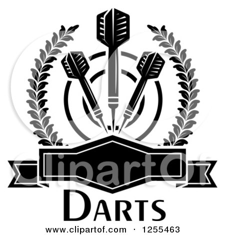 Clipart of Black and White Darts and a Target in a Laurel Wreath with a Frame and Text - Royalty Free Vector Illustration by Vector Tradition SM