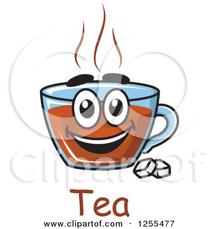 Clipart of a Happy Tea Cup Character with Sugar Cubes and Text - Royalty Free Vector Illustration by Vector Tradition SM