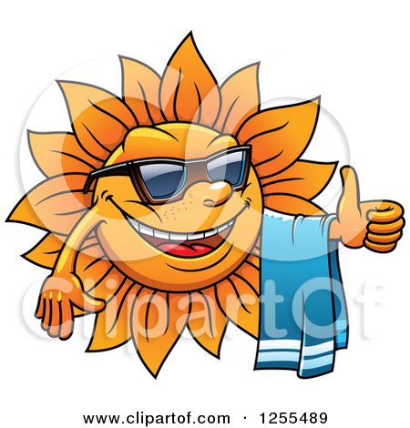 Clipart of a Happy Summer Sun Holding a Thumb up and Towel - Royalty Free Vector Illustration by Vector Tradition SM