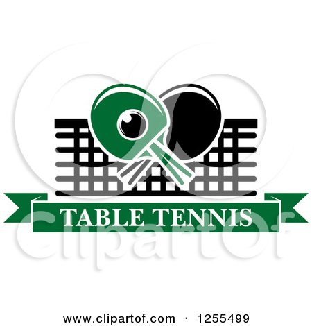 Clipart of a Ping Pong Ball and Crossed Paddles with a Net and Table Tennis Text Banner - Royalty Free Vector Illustration by Vector Tradition SM