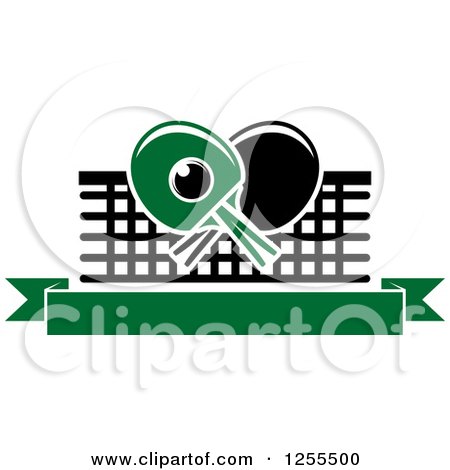 Clipart of a Ping Pong Ball and Crossed Paddles with a Net and Table Tennis Blank Banner - Royalty Free Vector Illustration by Vector Tradition SM