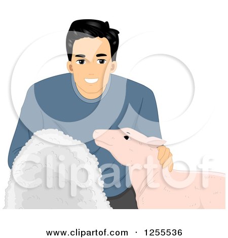 Clipart of a Happy Black Haired Man Holding Wool Petting a Sheep - Royalty Free Vector Illustration by BNP Design Studio