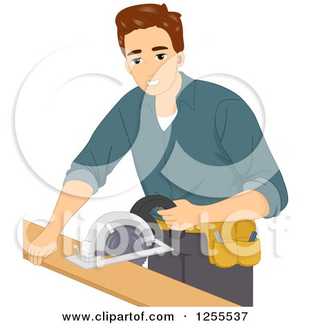 Clipart of a Brunette White Man Operating a Circular Saw - Royalty Free Vector Illustration by BNP Design Studio