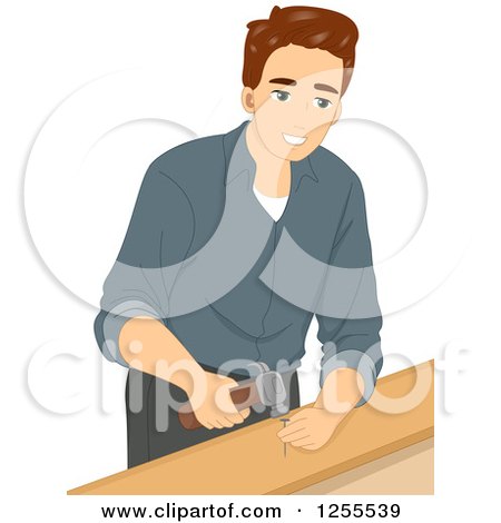 Clipart of a Brunette White Man Hammering a Nail into Wood - Royalty Free Vector Illustration by BNP Design Studio