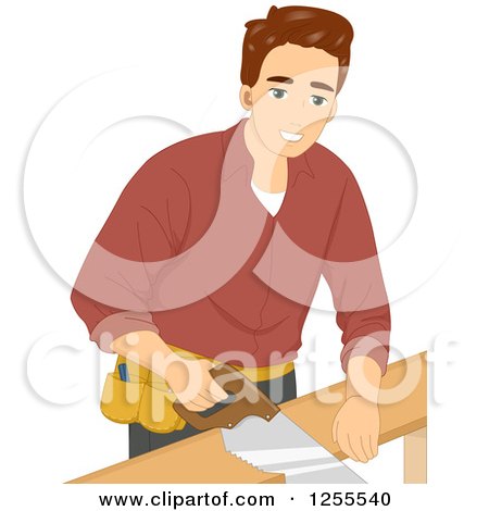 Clipart of a Brunette White Man Using a Hand Saw - Royalty Free Vector Illustration by BNP Design Studio