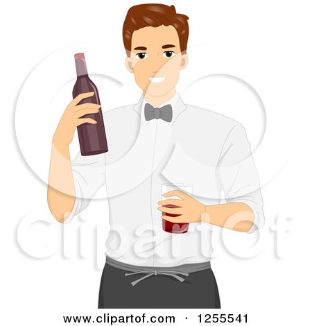 Clipart of a Brunette White Man Bartender Holding a Bottle and Glass - Royalty Free Vector Illustration by BNP Design Studio