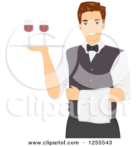Clipart of a Brunette White Man Waiter Serving Wine - Royalty Free Vector Illustration by BNP Design Studio