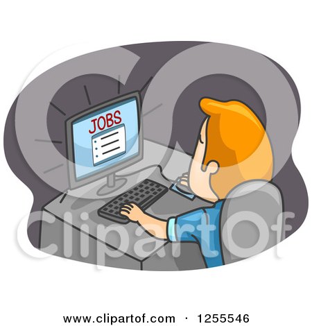 Clipart of a Blond White Man Searching for Jobs on the Internet - Royalty Free Vector Illustration by BNP Design Studio