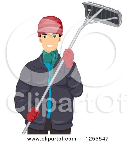 Clipart of a Young Man in Winter Clothes, Holding a Roof Rake - Royalty Free Vector Illustration by BNP Design Studio