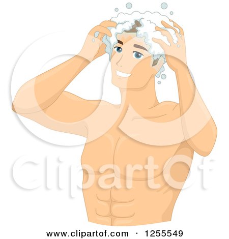 Clipart of a Muscular White Man Shampooing His Hair - Royalty Free Vector Illustration by BNP Design Studio