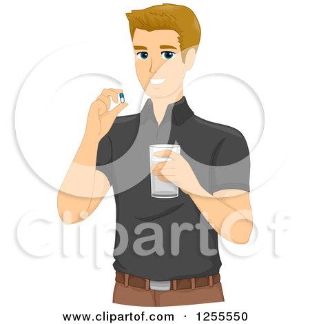 Clipart of a Blond White Man Taking a Pill and Holding Water - Royalty Free Vector Illustration by BNP Design Studio