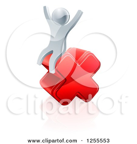 Clipart of a 3d Silver Man Sitting and Cheering on a Cross - Royalty Free Vector Illustration by AtStockIllustration