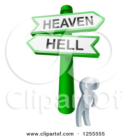 Clipart of S 3d Silver Man Looking up at Heaven or Hell Arrow Signs - Royalty Free Vector Illustration by AtStockIllustration