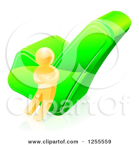 Clipart of a 3d Gold Man Leaning Against a Check Mark - Royalty Free Vector Illustration by AtStockIllustration