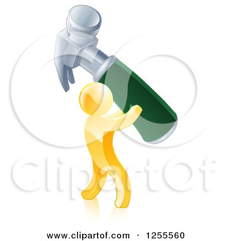 Clipart of a 3d Gold Man Carrying a Giant Hammer - Royalty Free Vector Illustration by AtStockIllustration