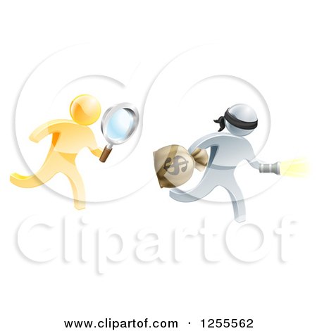 Clipart of a 3d Gold Detective Chasing a Silver Robber with a Magnifying Glass - Royalty Free Vector Illustration by AtStockIllustration