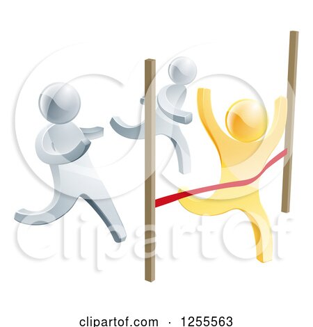Clipart of a 3d Gold Man Winning a Race Against Silver Men - Royalty Free Vector Illustration by AtStockIllustration