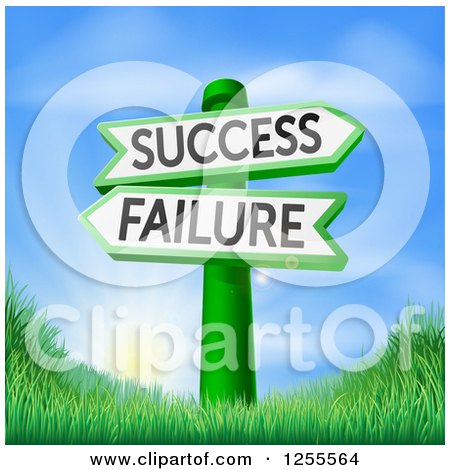 Clipart of 3d Failure or Success Signs over Hills and a Sunrise - Royalty Free Vector Illustration by AtStockIllustration