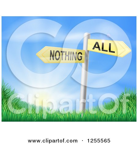 Clipart of 3d All or Nothing Signs over Hills and a Sunrise - Royalty Free Vector Illustration by AtStockIllustration