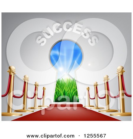 Clipart of 3d SUCCESS over a Keyhole Door with Light and a Red Carpet - Royalty Free Vector Illustration by AtStockIllustration