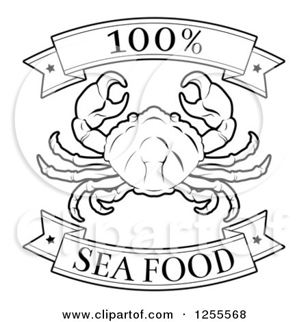 Clipart of a Black and White 100 Percent Seafood Food Banners and Crab - Royalty Free Vector Illustration by AtStockIllustration