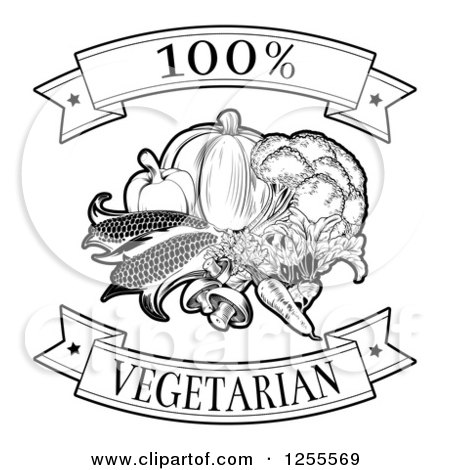 Clipart of a Black and White 100 Percent Vegetarian Food Banners and Vegetables - Royalty Free Vector Illustration by AtStockIllustration