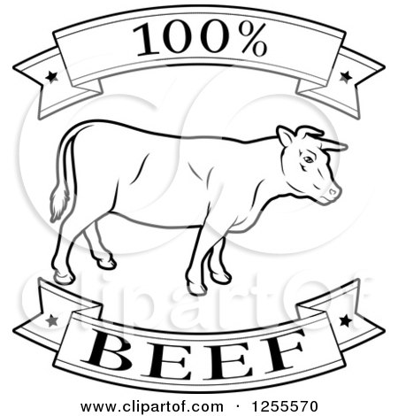 Clipart of a Black and White 100 Percent Beef Food Banners and Cow - Royalty Free Vector Illustration by AtStockIllustration