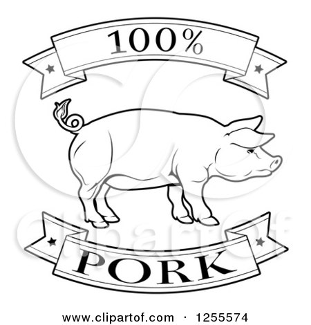 Clipart of a Black and White 100 Percent Pork Food Banners and Pig - Royalty Free Vector Illustration by AtStockIllustration