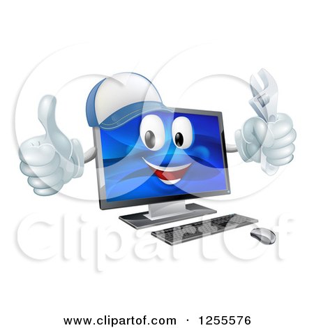 Clipart of a Happy Computer Mascot Holding a Wrench and Thumb up - Royalty Free Vector Illustration by AtStockIllustration