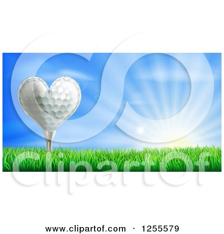 Clipart of a 3d Heart Golf Ball on a Tee over a Sunrise - Royalty Free Vector Illustration by AtStockIllustration