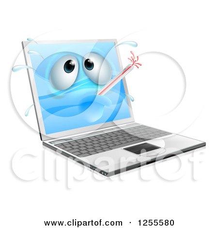 Clipart of a 3d Sick Laptop with a Bursting Thermometer - Royalty Free Vector Illustration by AtStockIllustration