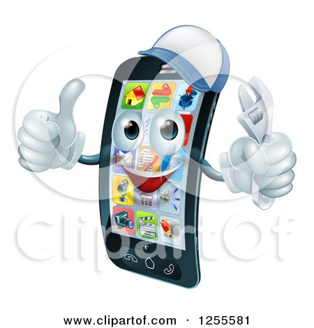 Clipart of a 3d Smart Phone Character Wearing a Hat, Holding a Thumb up and an Adjustable Wrench - Royalty Free Vector Illustration by AtStockIllustration