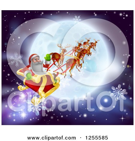 Clipart of Santa Flying His Sleigh over a Moon - Royalty Free Vector Illustration by AtStockIllustration