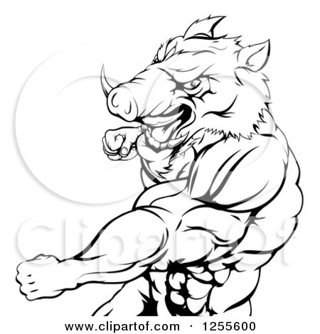 Clipart of a Black and White Muscular Boar Man Punching - Royalty Free Vector Illustration by AtStockIllustration