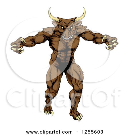 Clipart of a Mad Brown Bull Mascot Attacking - Royalty Free Vector Illustration by AtStockIllustration