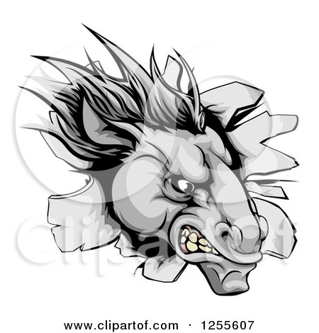 Clipart of an Aggressive Gray Horse Stallion Breaking Through a Wall - Royalty Free Vector Illustration by AtStockIllustration