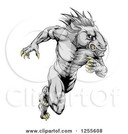 Clipart of a Muscular Aggressive Gray Stallion Horse Man Running - Royalty Free Vector Illustration by AtStockIllustration