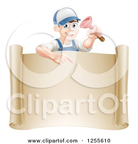 Clipart of a Brunette Male Plumber Holding a Plunger and Pointing down at a Scroll Sign - Royalty Free Vector Illustration by AtStockIllustration