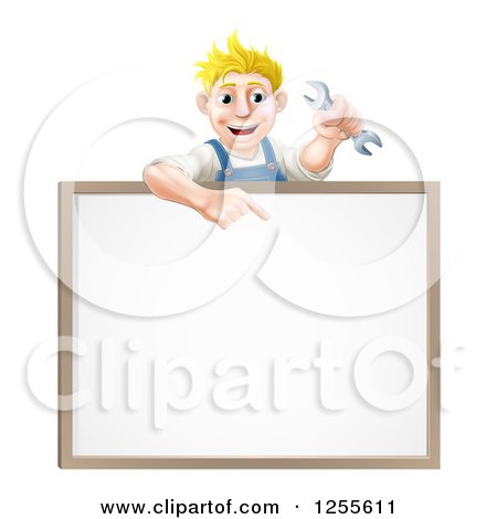 Clipart of a Happy Blond Caucasian Mechanic Man Holding a Wrench over a White Board Sign - Royalty Free Vector Illustration by AtStockIllustration
