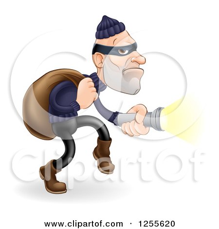 Clipart of a Caucasian Male Burglar Shining a Flashlight - Royalty Free Vector Illustration by AtStockIllustration