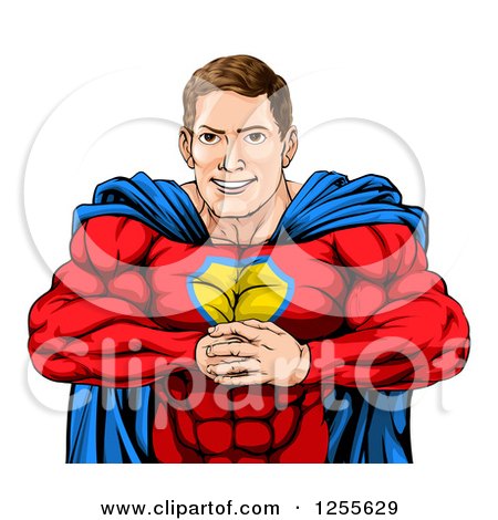 Clipart of a Cacuasian Muscular Super Hero Man Gesturing Bring It with His Fists - Royalty Free Vector Illustration by AtStockIllustration