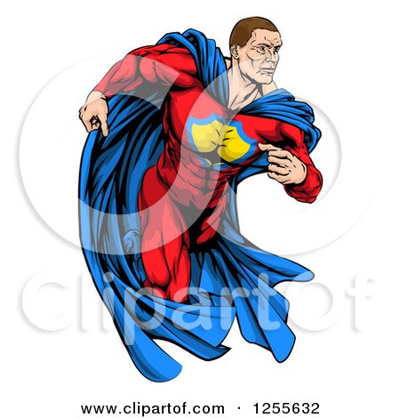 Clipart of a Cacuasian Muscular Super Hero Man Running - Royalty Free Vector Illustration by AtStockIllustration