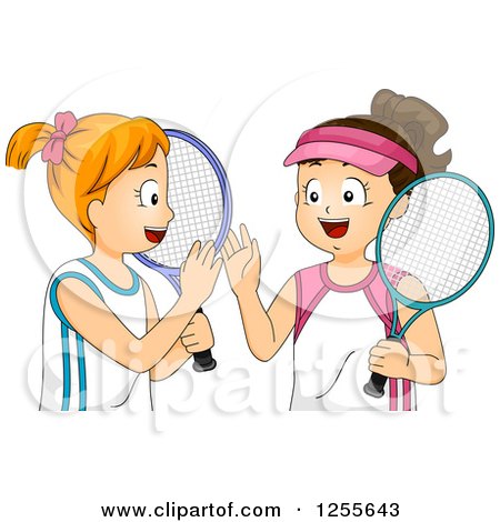 Clipart of Brunette and Red Haired White Girls Giving High Fives with Tennis Gear - Royalty Free Vector Illustration by BNP Design Studio
