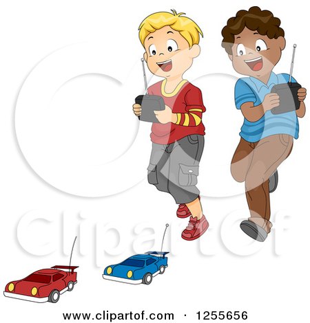 Clipart of White and Black Boys Playing with Remote Controlled Cars - Royalty Free Vector Illustration by BNP Design Studio