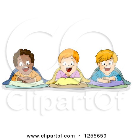 Clipart of Happy White and Black Boys in Sleeping Bags at a Slumber Party - Royalty Free Vector Illustration by BNP Design Studio