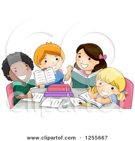 Clipart of Black and White School Children in a Group Study - Royalty Free Vector Illustration by BNP Design Studio