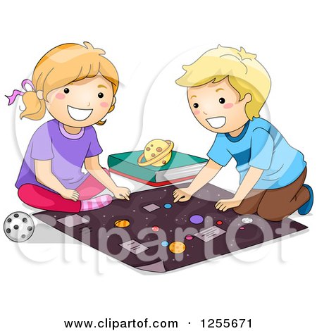 Clipart of a White Girl and Boy Studying Planets of the Solar System - Royalty Free Vector Illustration by BNP Design Studio